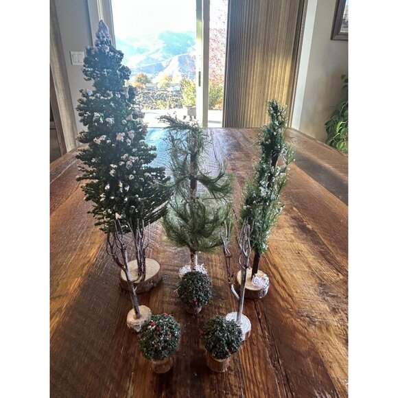 Vintage Lemax Christmas Snow Village Trees Set On Wooden Bases - Picture 1 of 16